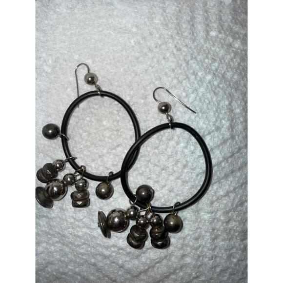 Black Hoop Dangle Earrings Hematite Look Bead Charm Statement Earrings - Picture 4 of 5